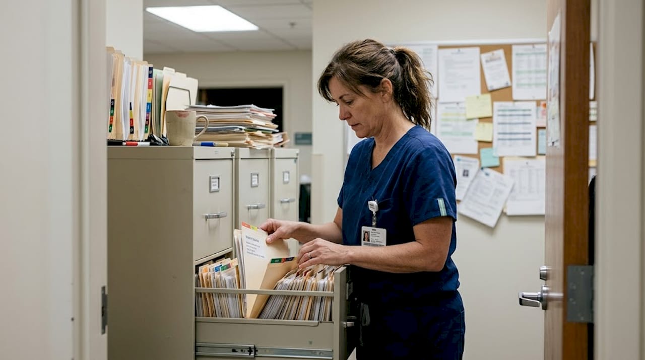 Staff member searching paper charts