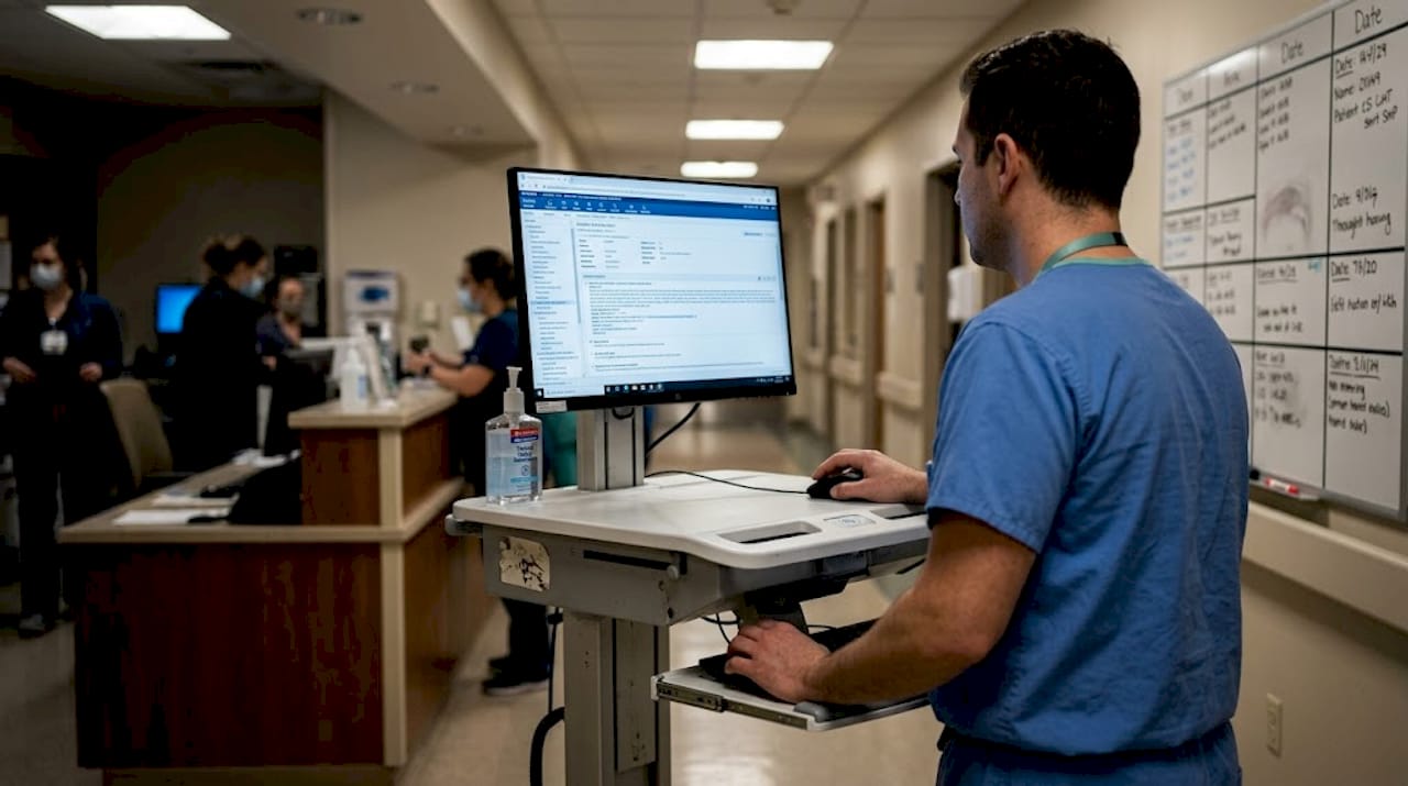 Nurse updating patient information on EMR