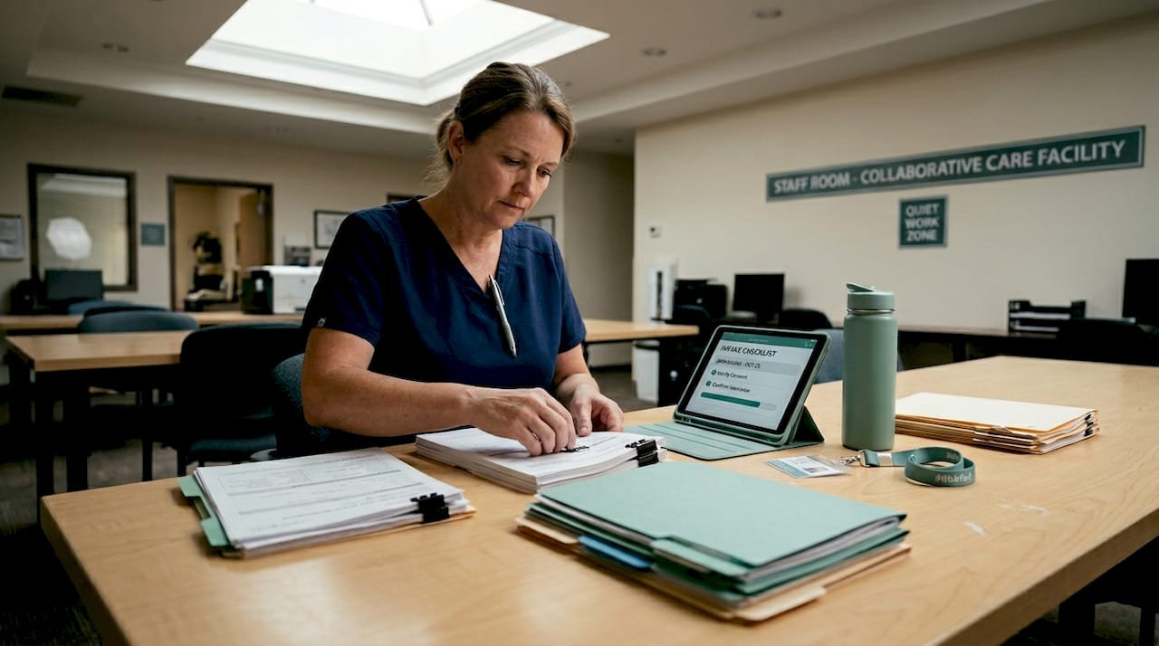 Nursing supervisor organizing checklist folders