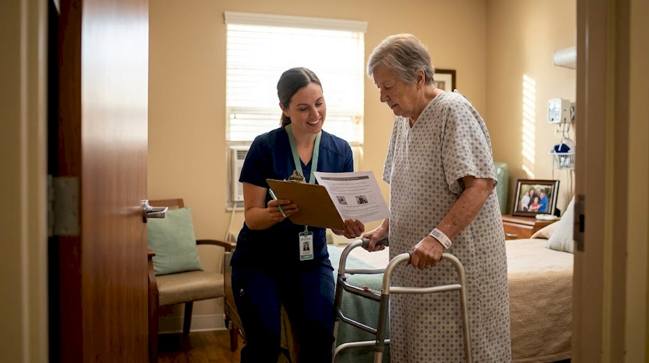 Therapist helping patient in SNF room