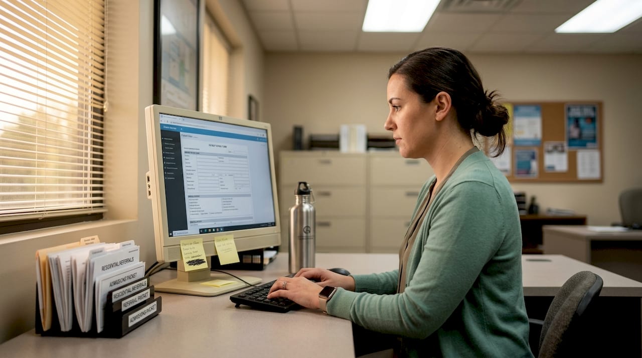 Admissions coordinator enters data at computer
