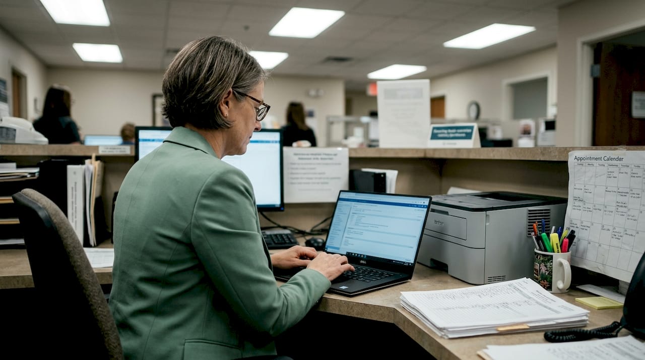 Physician updating EHR notes at busy workstation