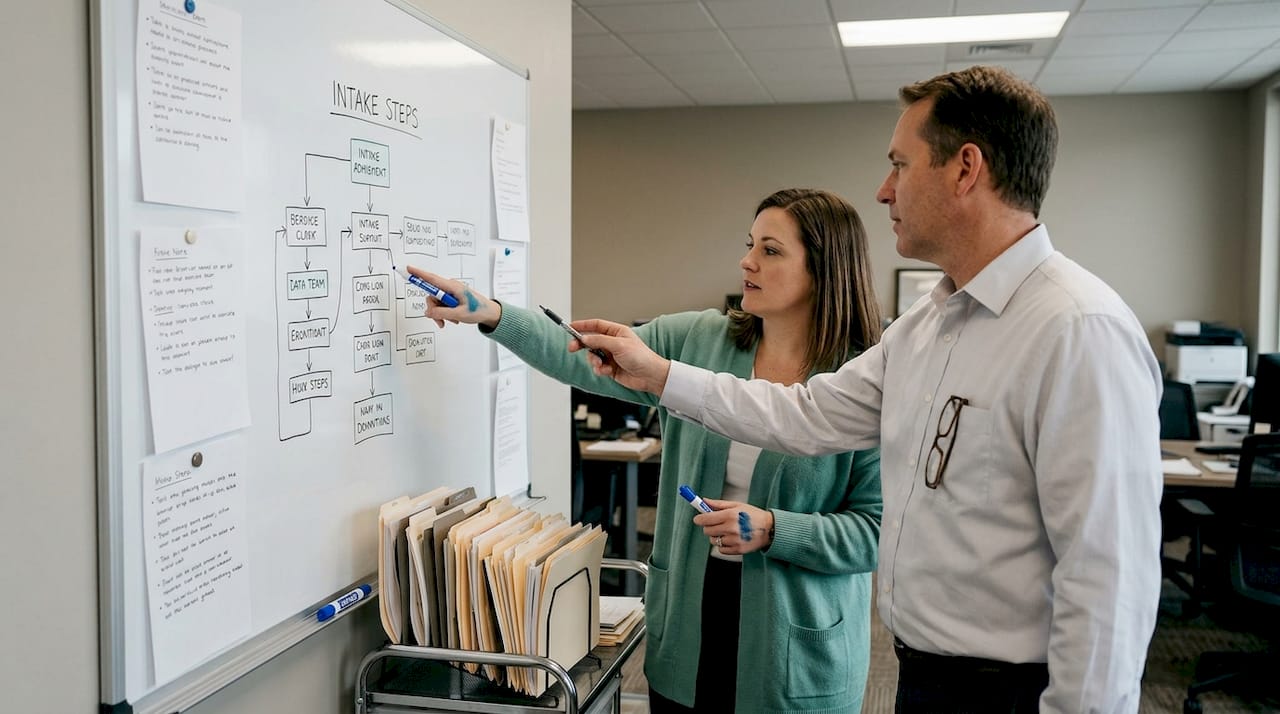 Staff discussing intake process flowchart