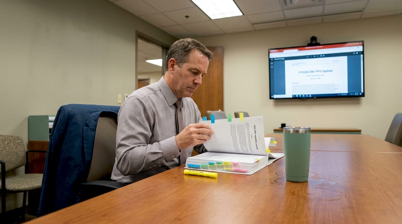 Manager reviewing CMS nursing facility regulations