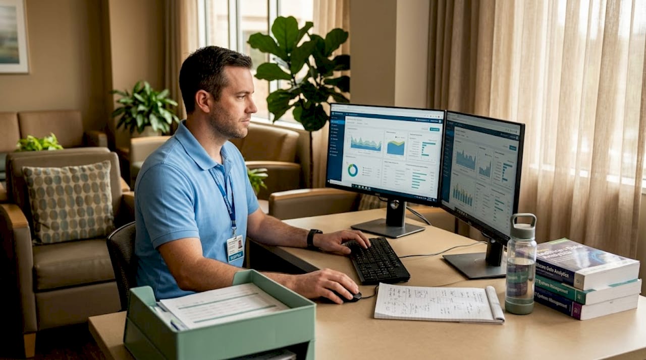 IT specialist checking analytics EHR dashboard