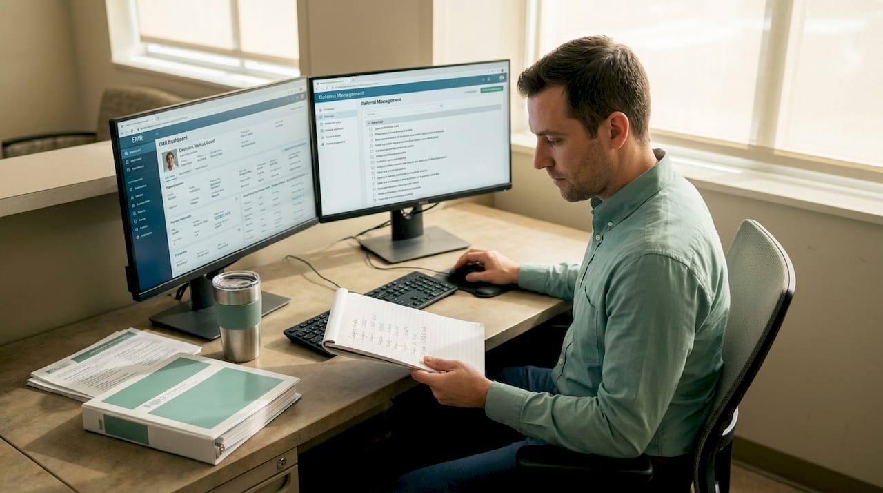 IT specialist syncing EMR with referral platform