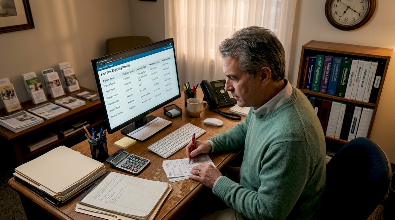 Nursing facility administrator checks insurance eligibility