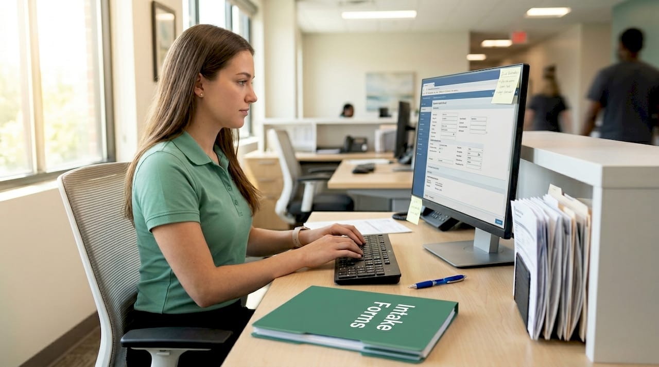 Admissions staff typing patient documentation