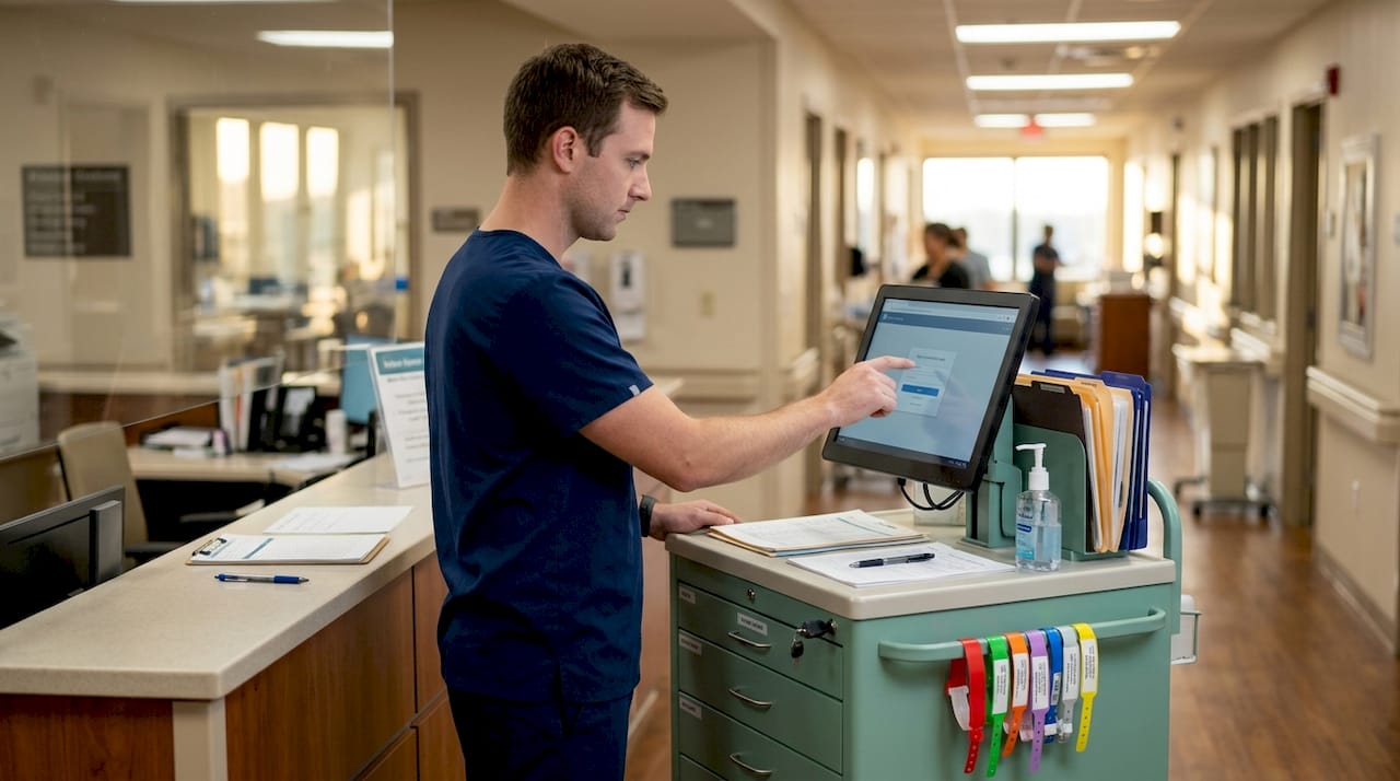 Nurse using digital intake system at station