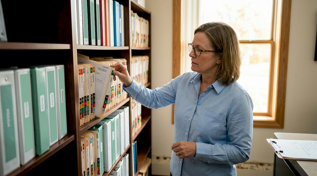 Clinic administrator retrieving patient file from crowded cabinet