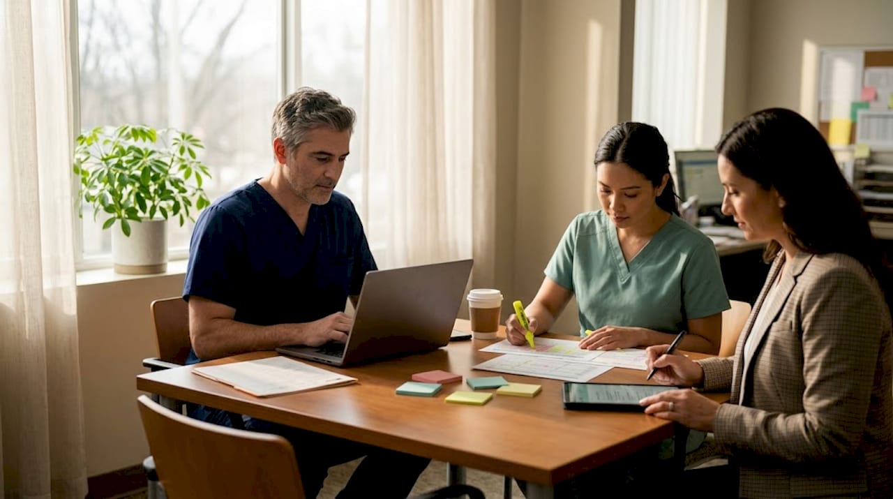 Clinical team documenting patient records together