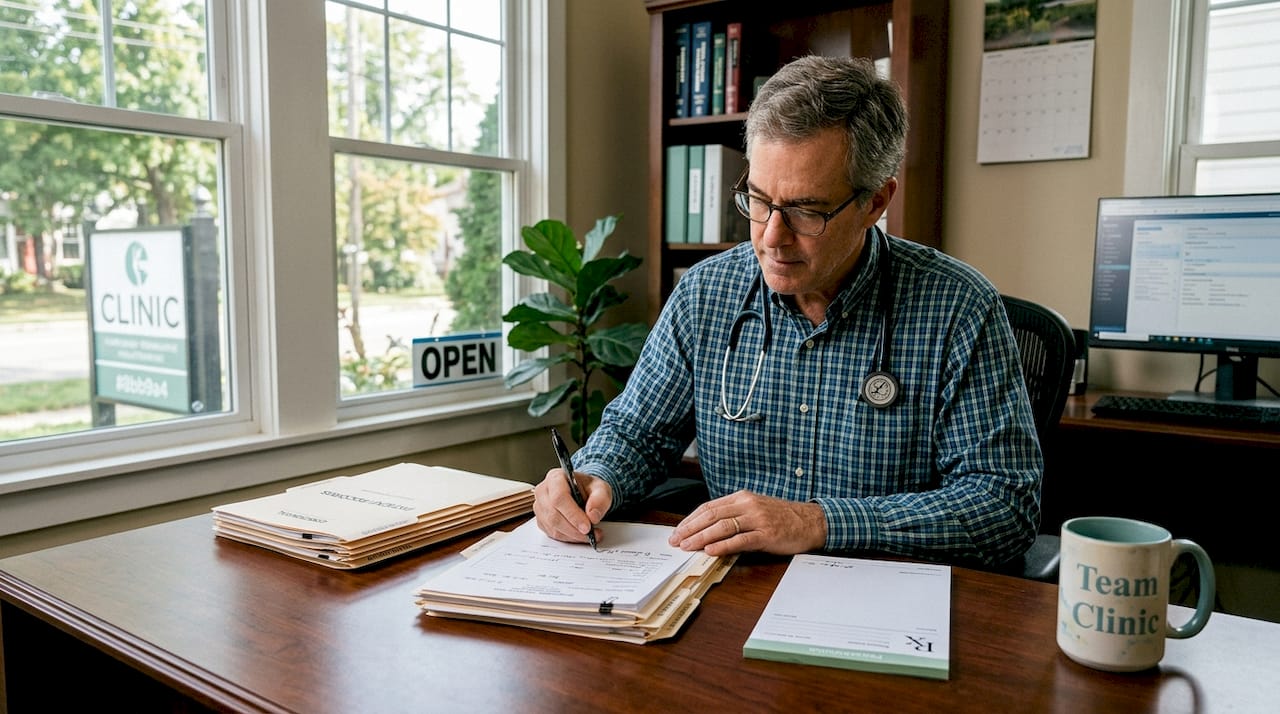 Physician signing clinical records at table