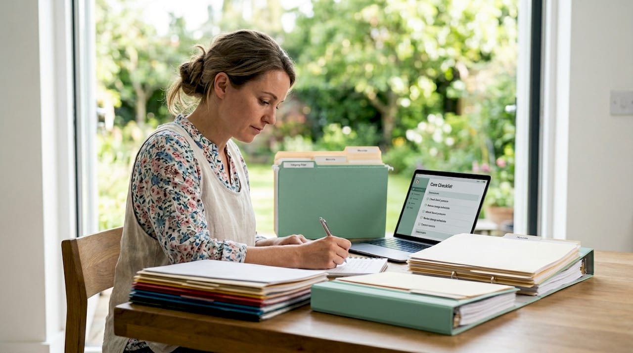 Caregiver organizing nursing home admission paperwork