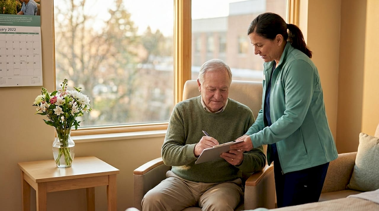 Patient signing discharge papers with coordinator