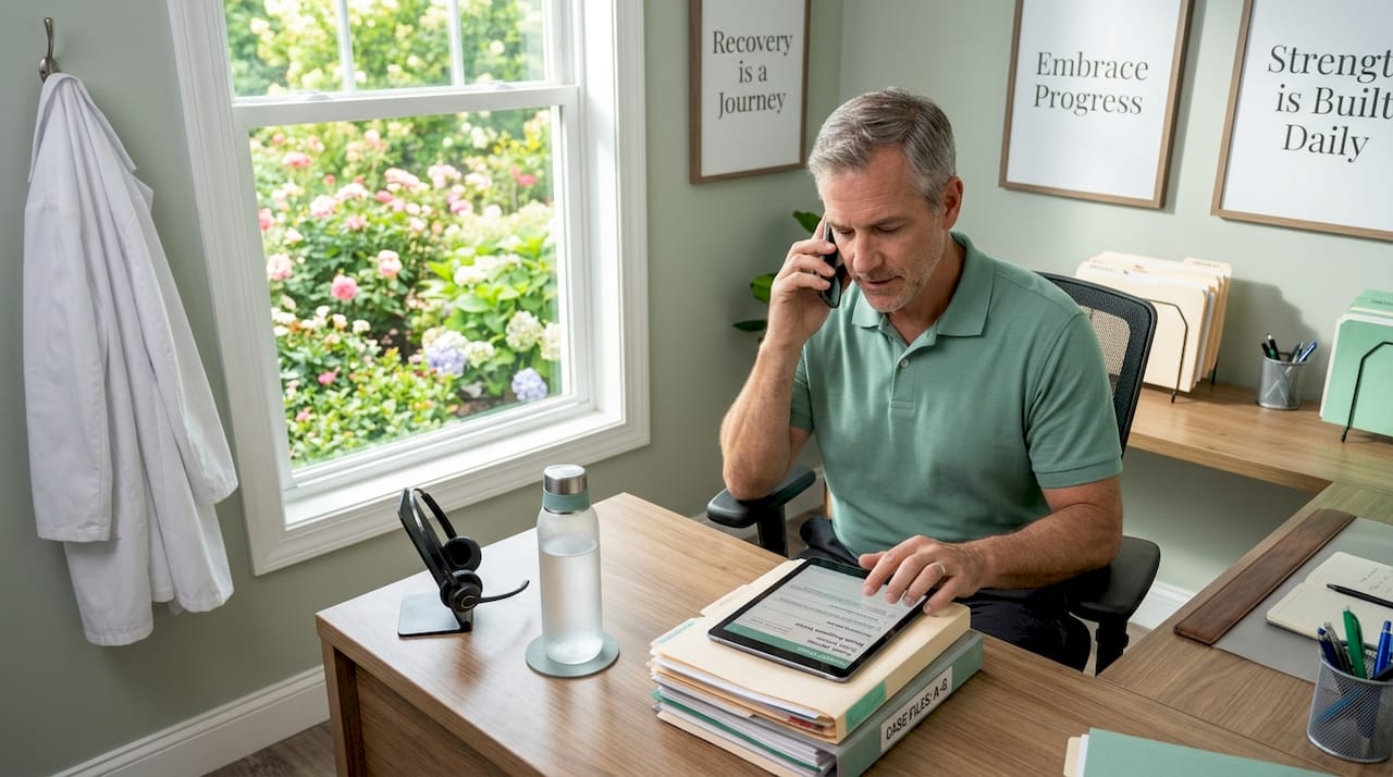 Healthcare support specialist reviewing patient files