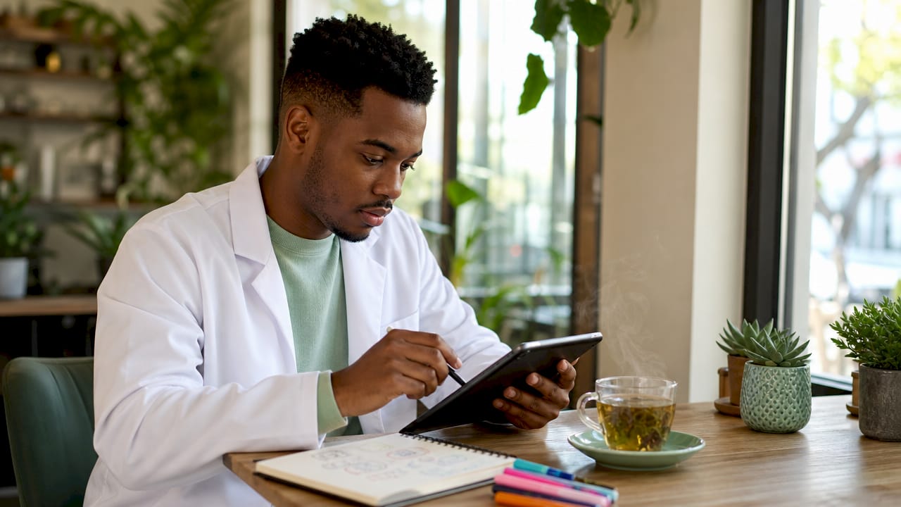 Hands completing patient intake form tablet