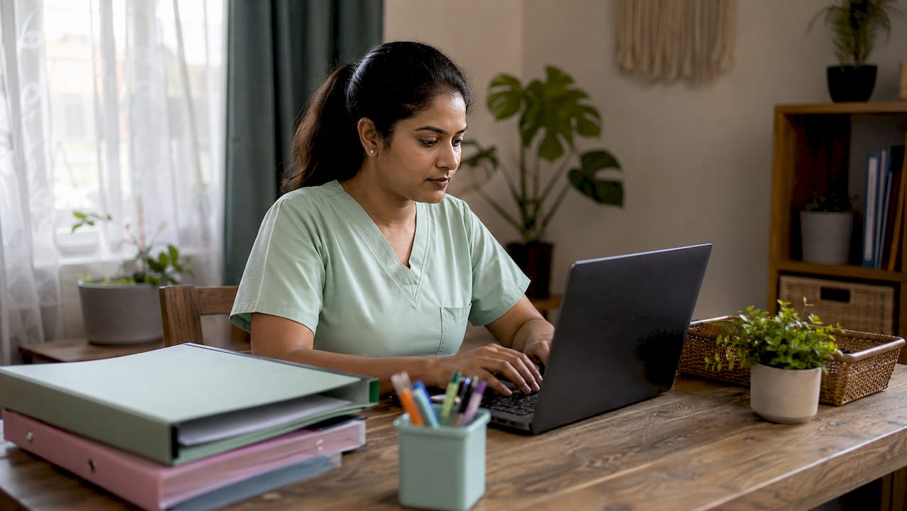 Healthcare worker entering referral data on laptop