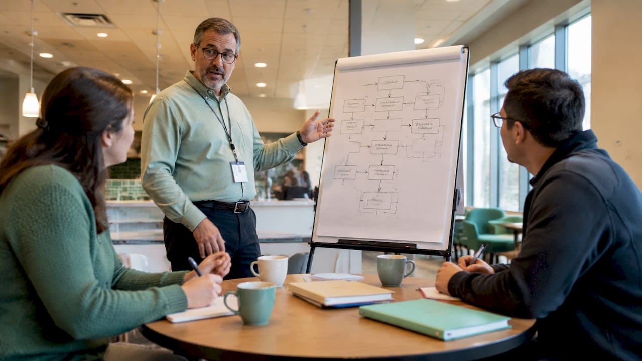 Physician liaison discussing referral workflow with colleagues
