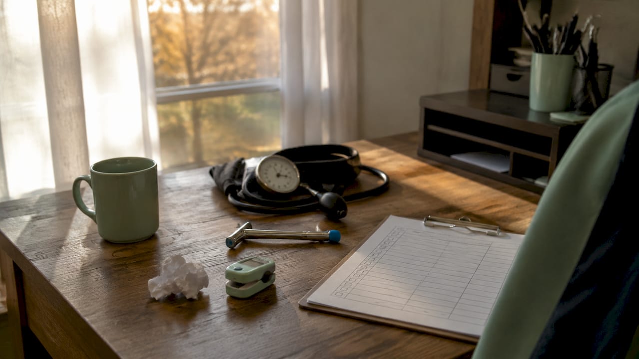 Clinical assessment tools neatly arranged on desk