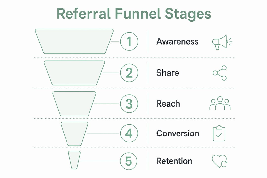 Infographic illustrating five referral funnel stages