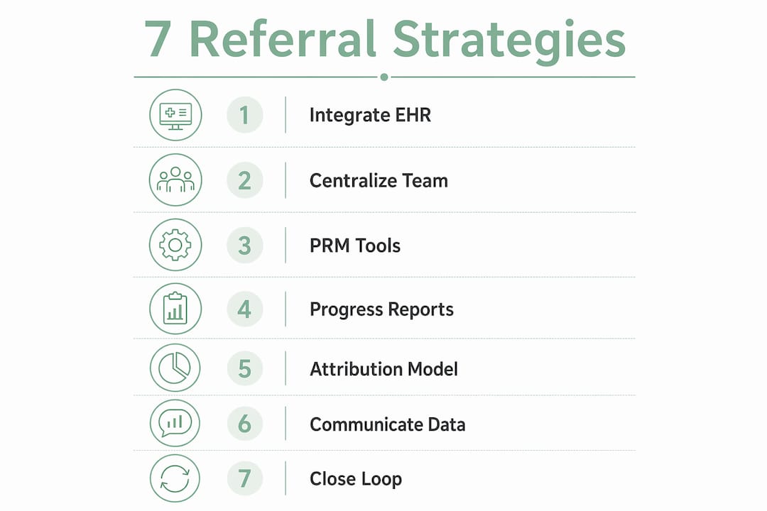 Infographic showing seven key strategies for referral growth