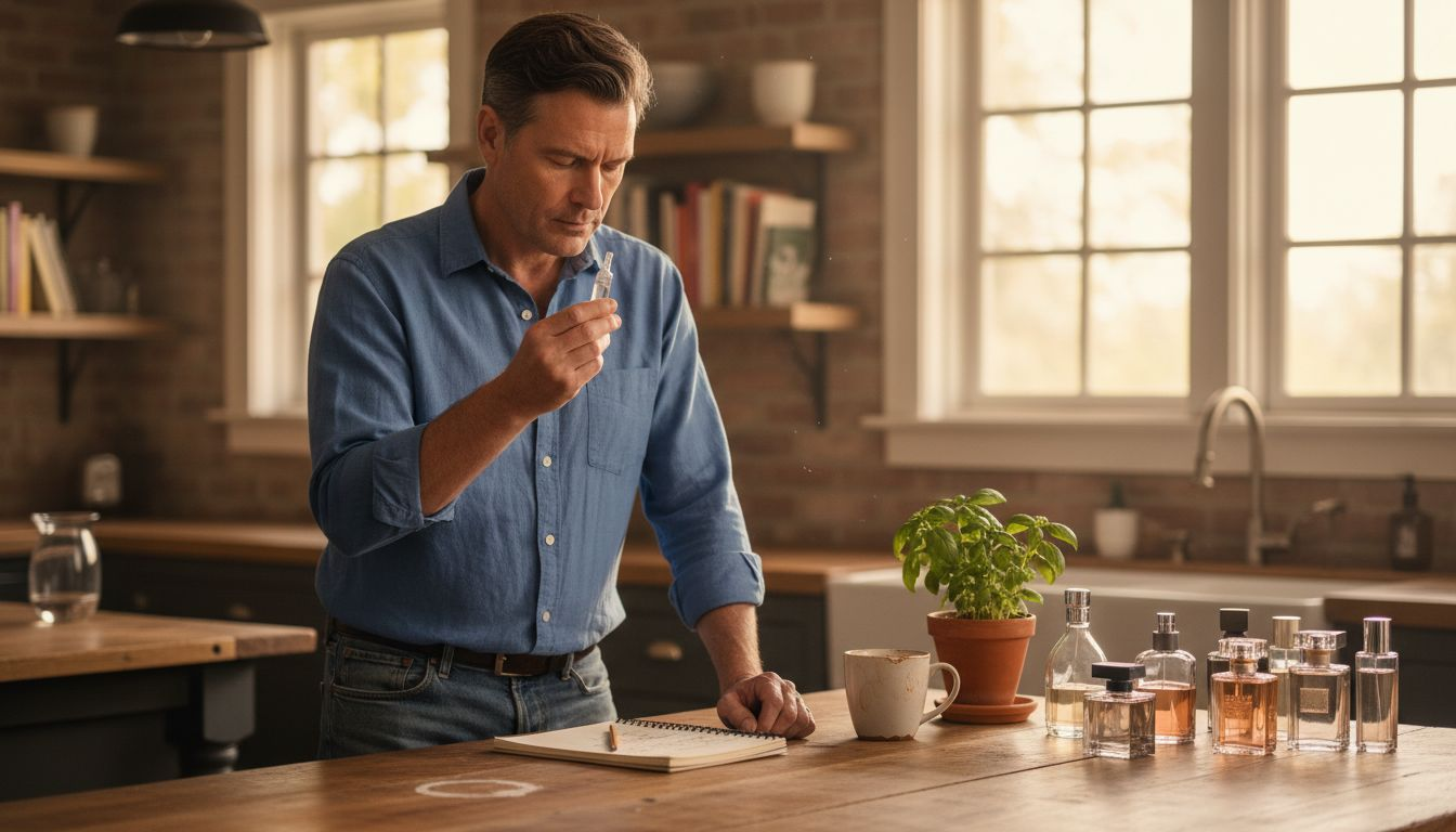 Man choosing luxury home fragrance at kitchen island