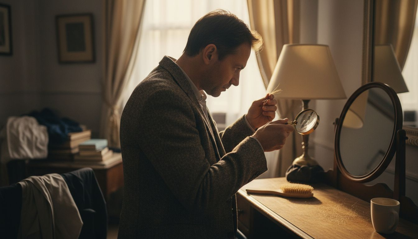 Un homme observe attentivement une de ses mèches de cheveux.