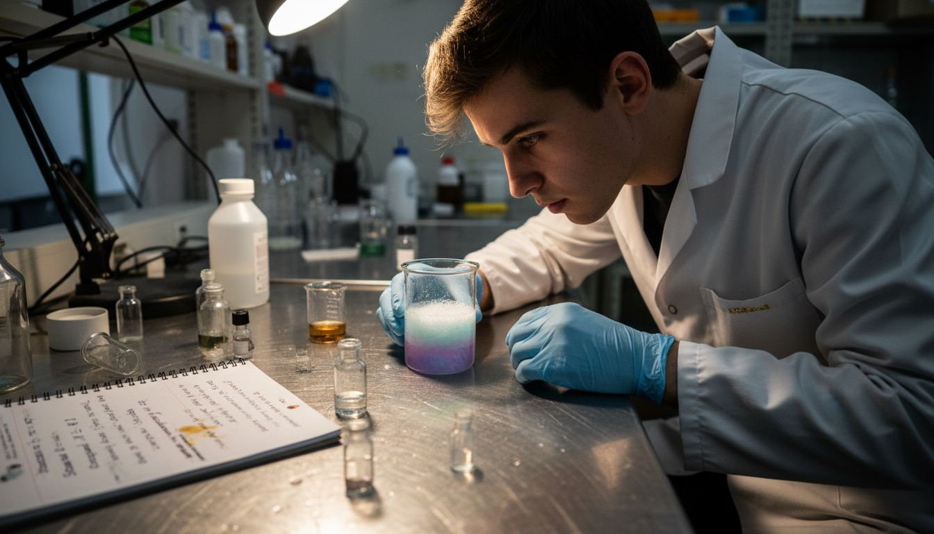 Un technicien de laboratoire en pleine expérimentation d’une nouvelle formule cosmétique