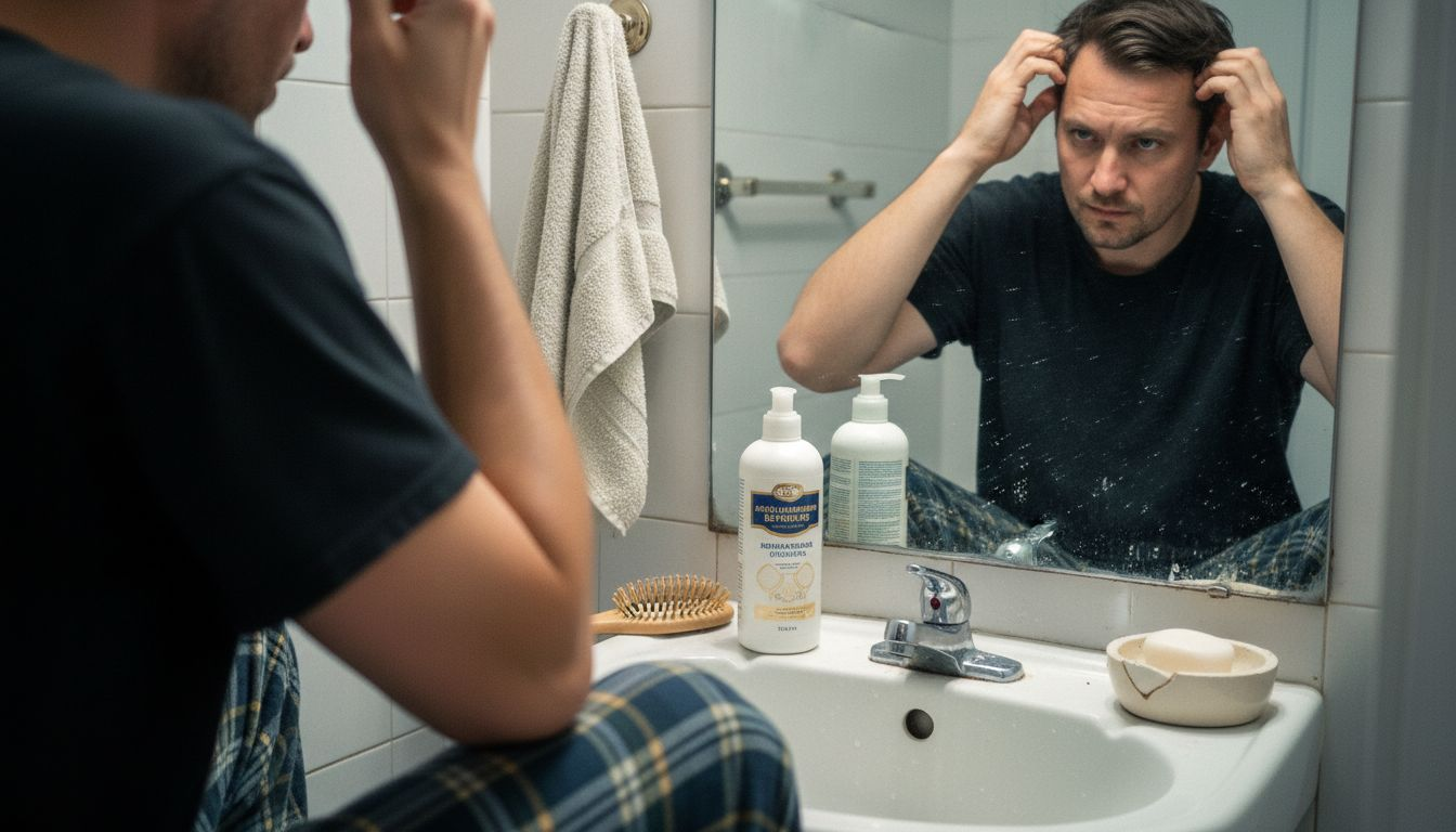 Un homme se regarde dans le miroir de la salle de bain, scrutant ses pointes abîmées.