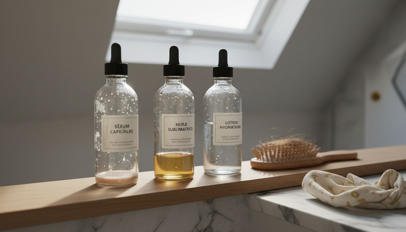 Des flacons de sérum, d’huile et de lotion alignés côte à côte