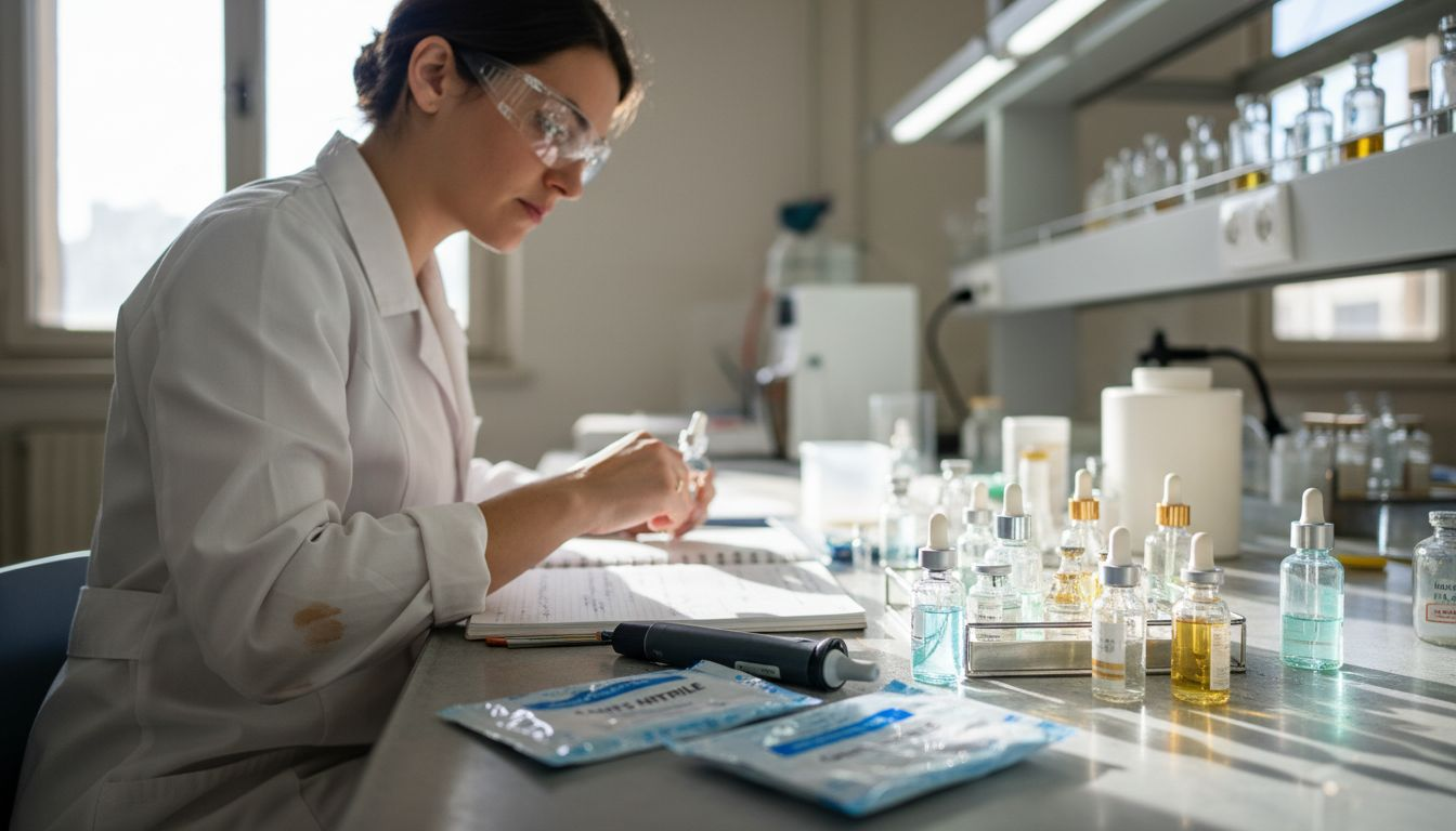 Un technicien contrôle attentivement des flacons de sérum pour la peau dans un laboratoire.