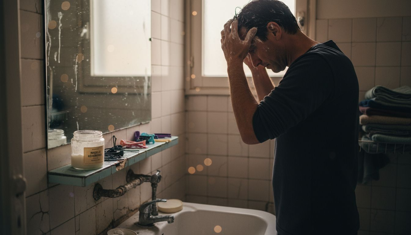 Un homme prend soin de ses cheveux en appliquant un masque capillaire, confortablement installé dans sa salle de bain.
