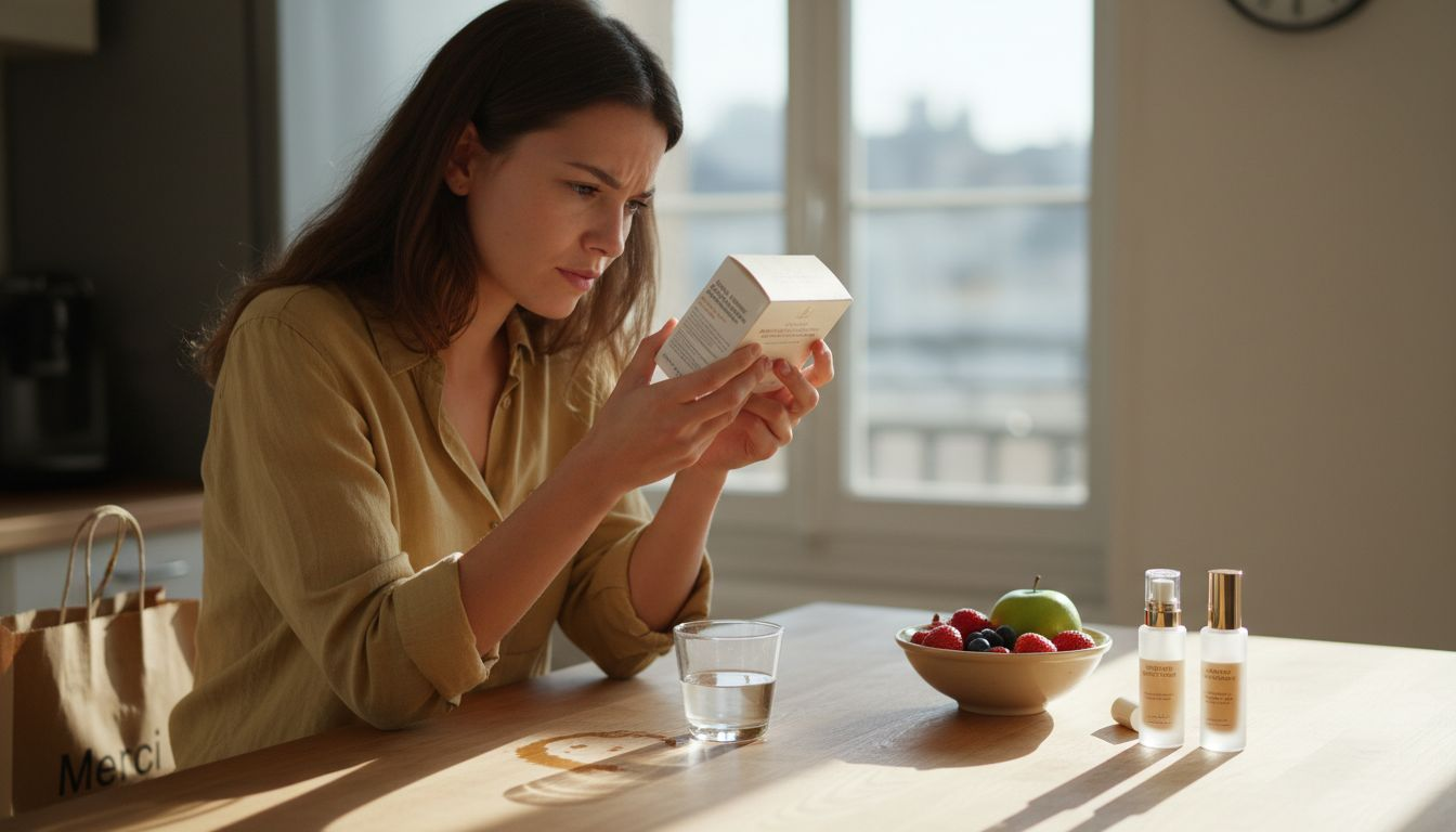 Une femme examine attentivement l’emballage d’un produit de beauté.