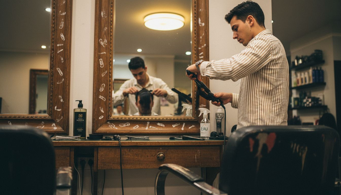 Coiffeur en plein lissage avec un fer professionnel