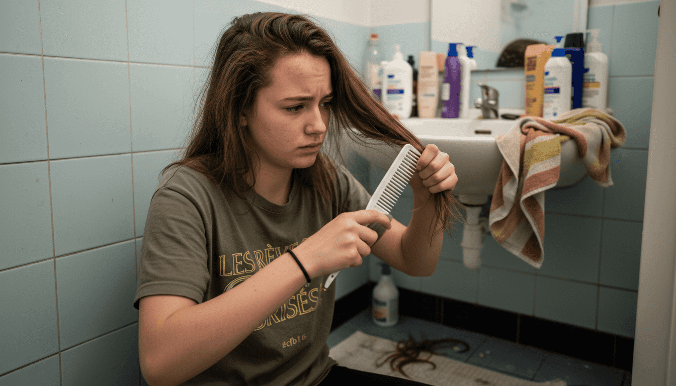 Une jeune fille se démêle les cheveux avec un accessoire abîmé.