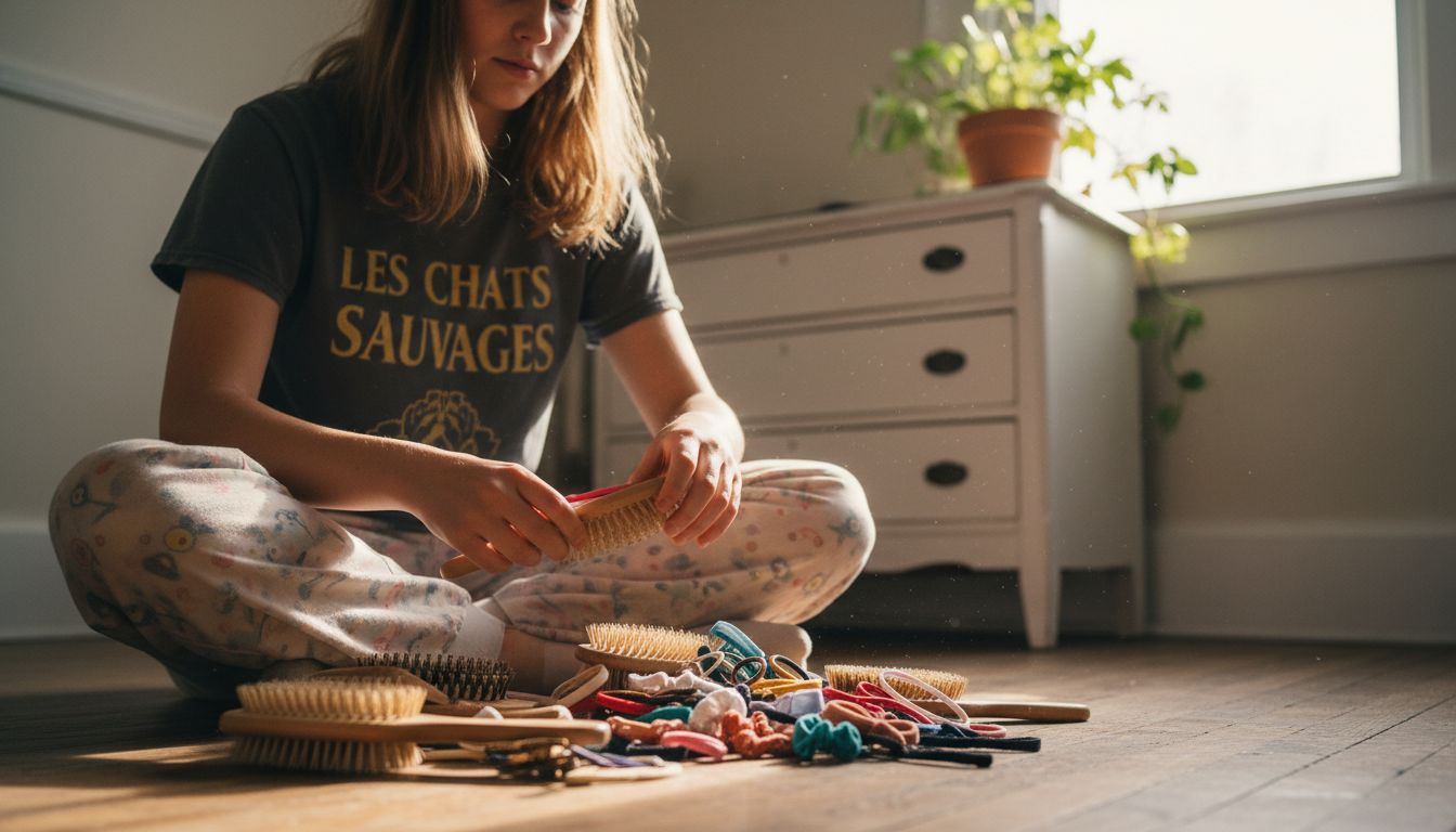 Une adolescente qui teste différents types de brosses et d’accessoires pour prendre soin de ses cheveux.