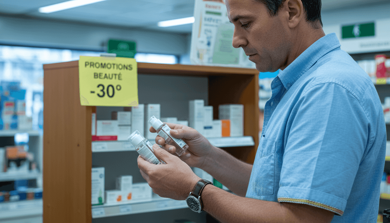 Un homme en train d’hésiter entre deux soins beauté naturels