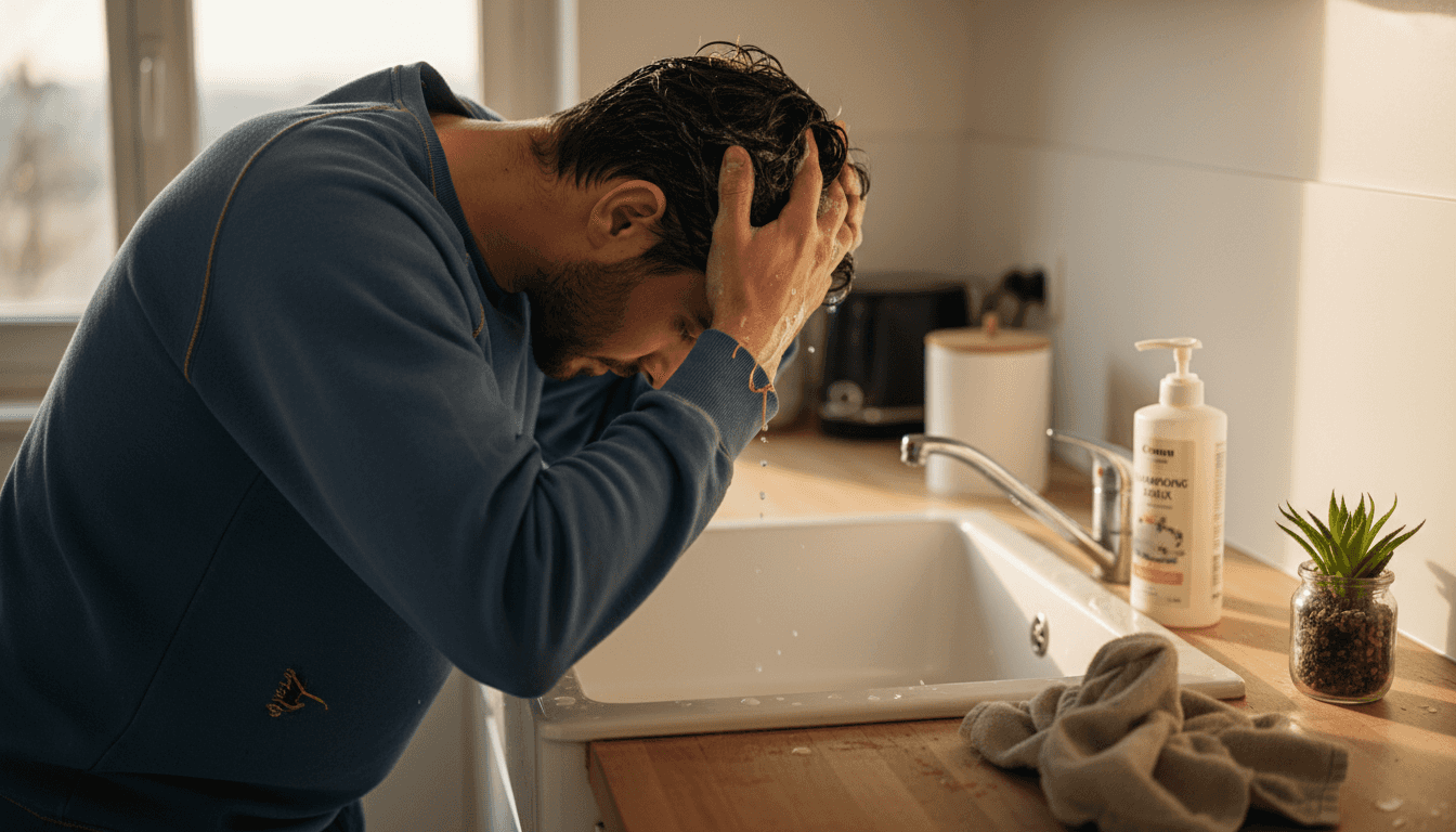 Un homme se lave les cheveux dans l’évier de la cuisine.