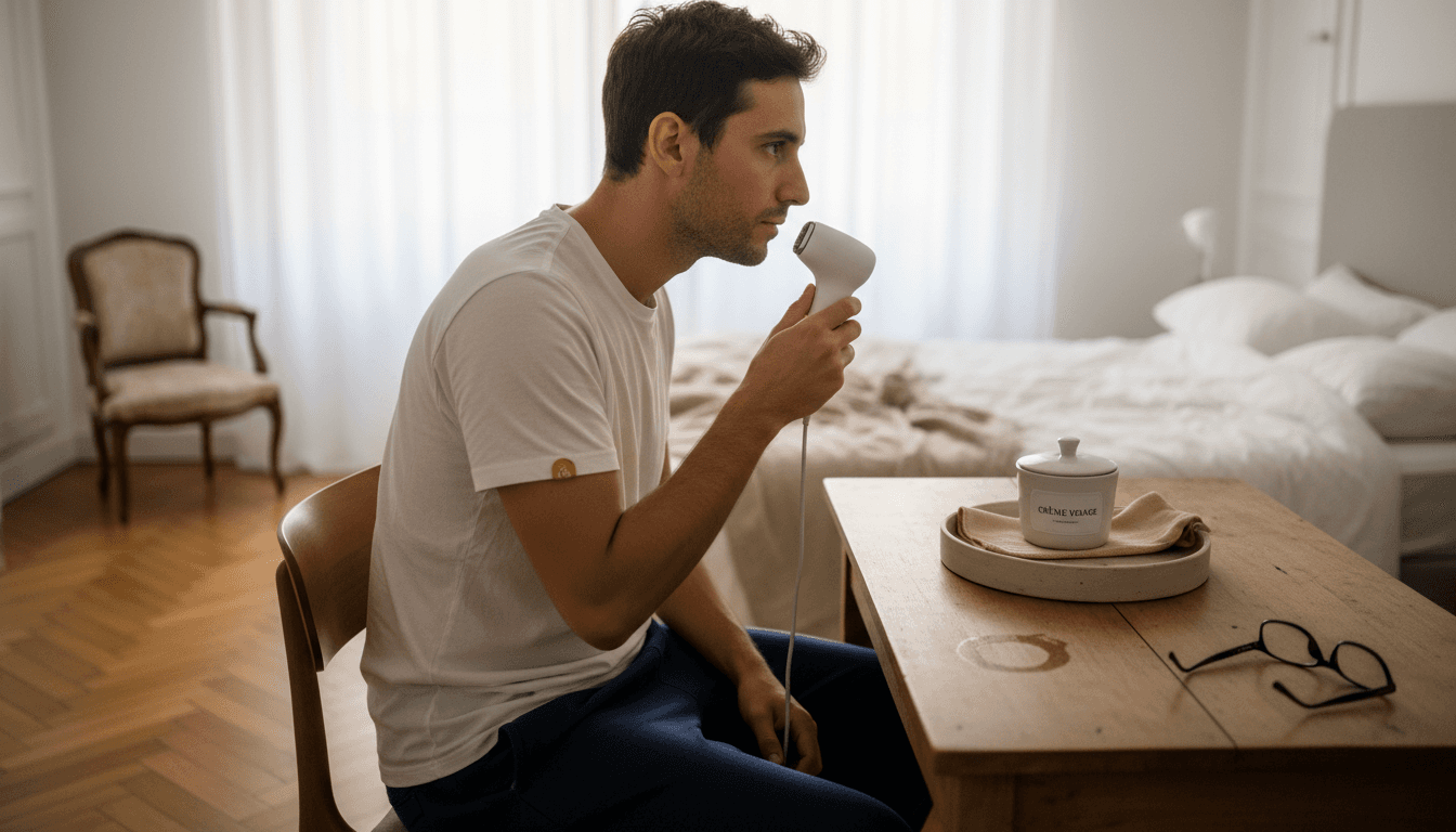 Un homme prend soin de sa peau chez lui grâce à un appareil à LED.