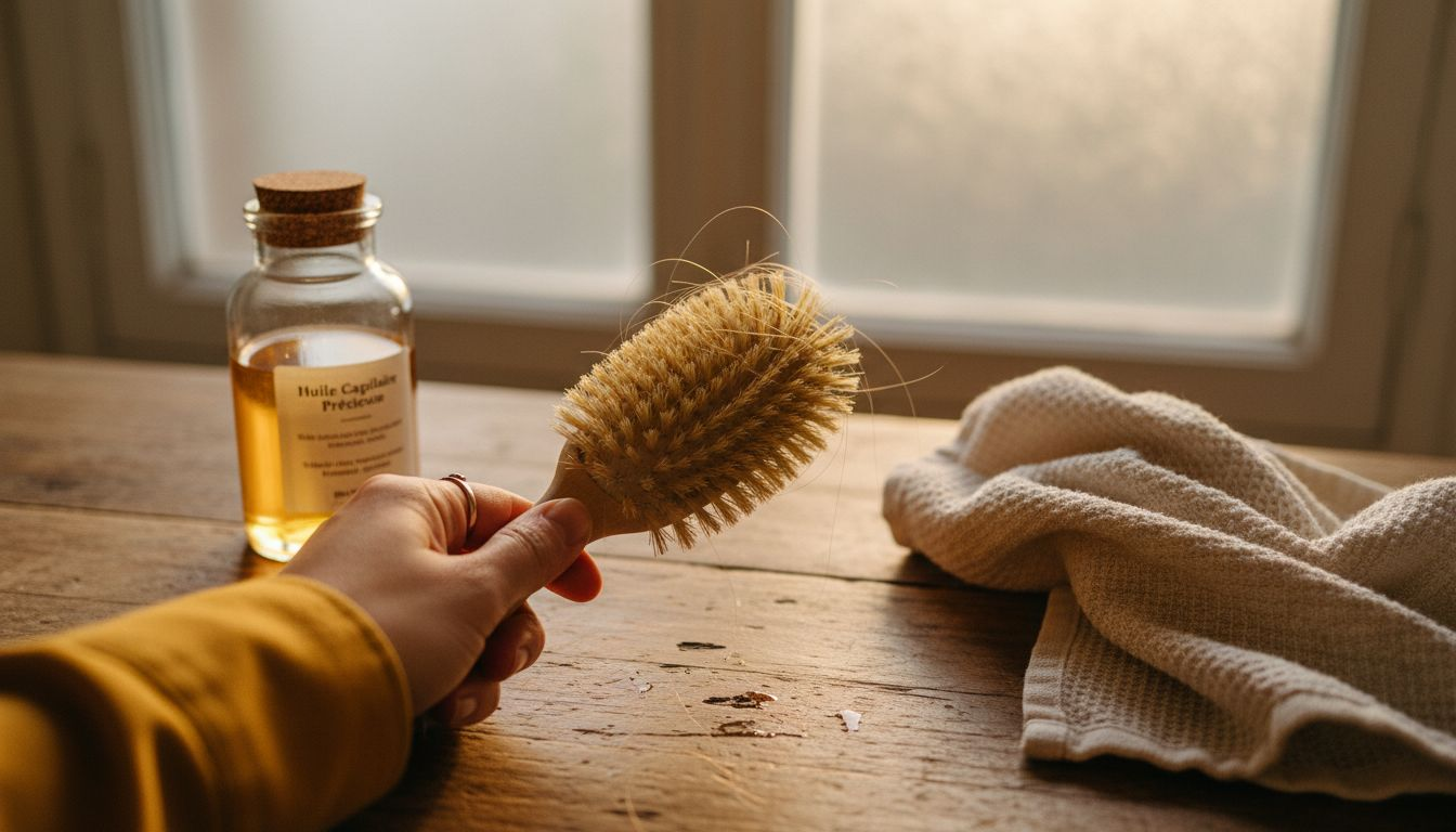 Gros plan sur une main tenant une brosse à cheveux en poils naturels