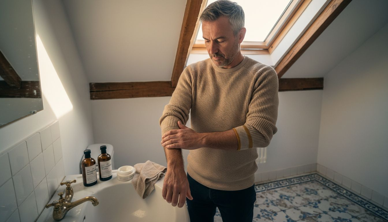Un homme prend soin de sa peau en appliquant une huile végétale.