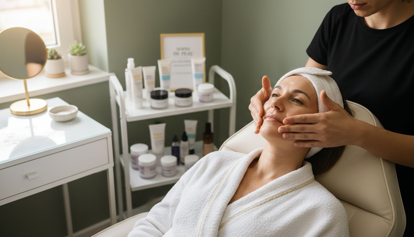 Une esthéticienne applique un soin solaire sur le visage de sa cliente.