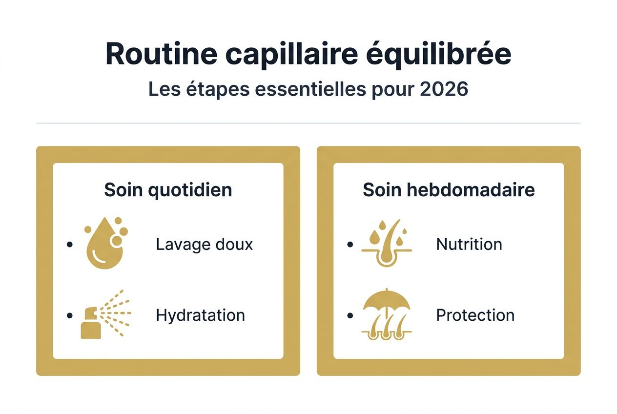 Infographie illustrant une routine capillaire harmonieuse et adaptée