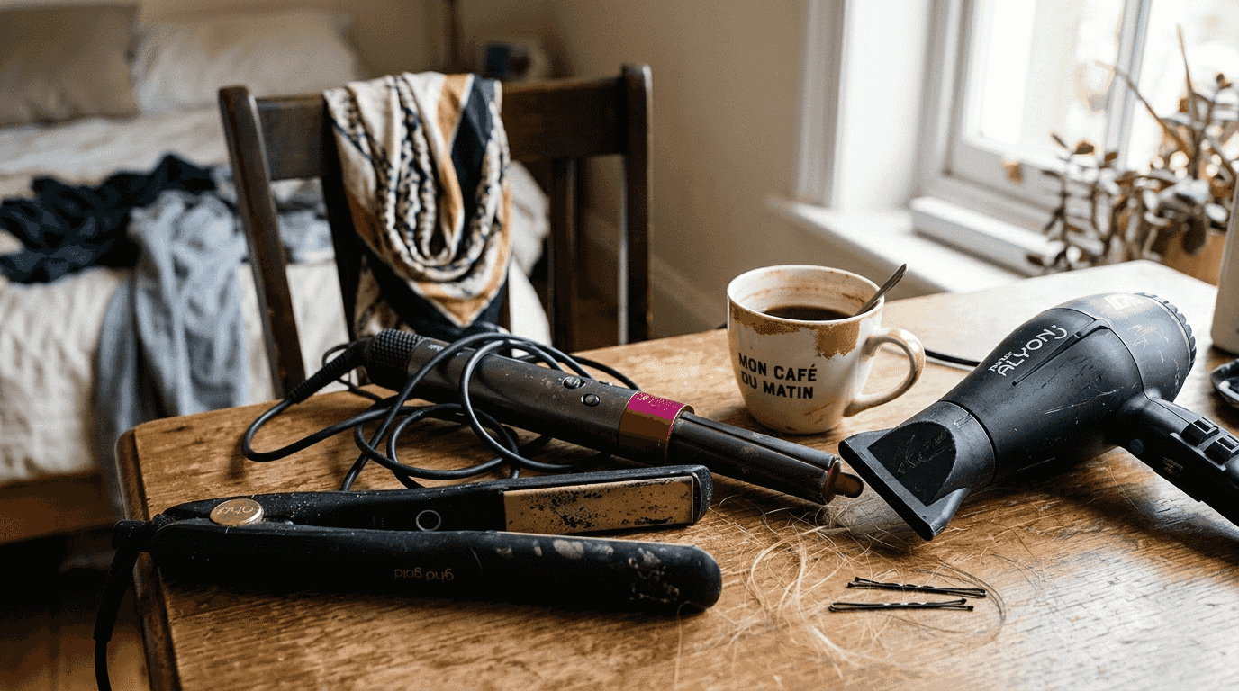 Une sélection d’accessoires de coiffure modernes soigneusement disposés sur une coiffeuse.