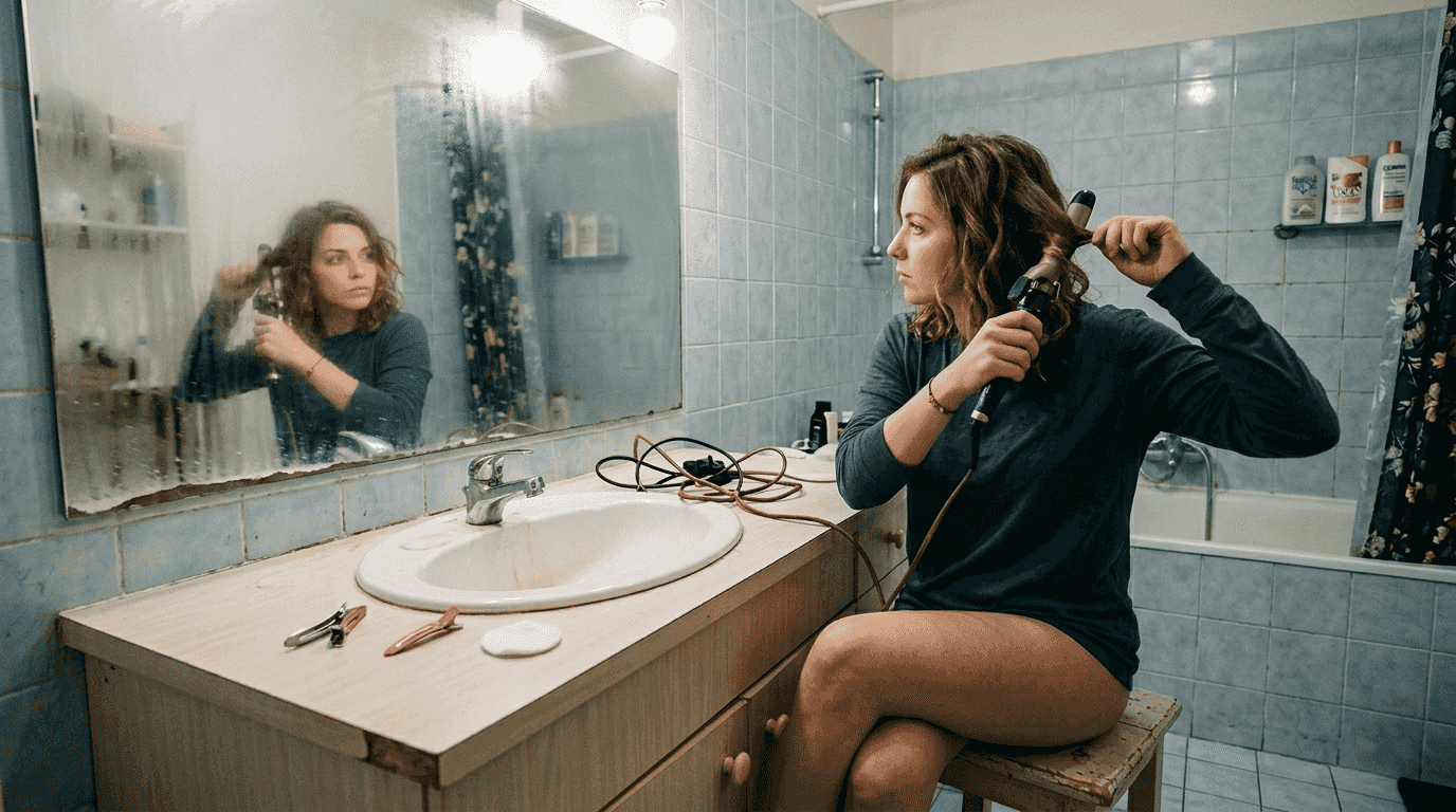 Une jeune femme se coiffe avec un boucleur automatique