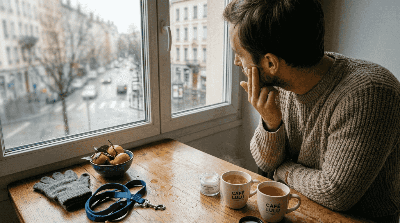 En hiver, il est important pour les hommes de prendre soin de leur peau : ici, un homme applique sa crème hydratante sur le visage, confortablement installé chez lui.