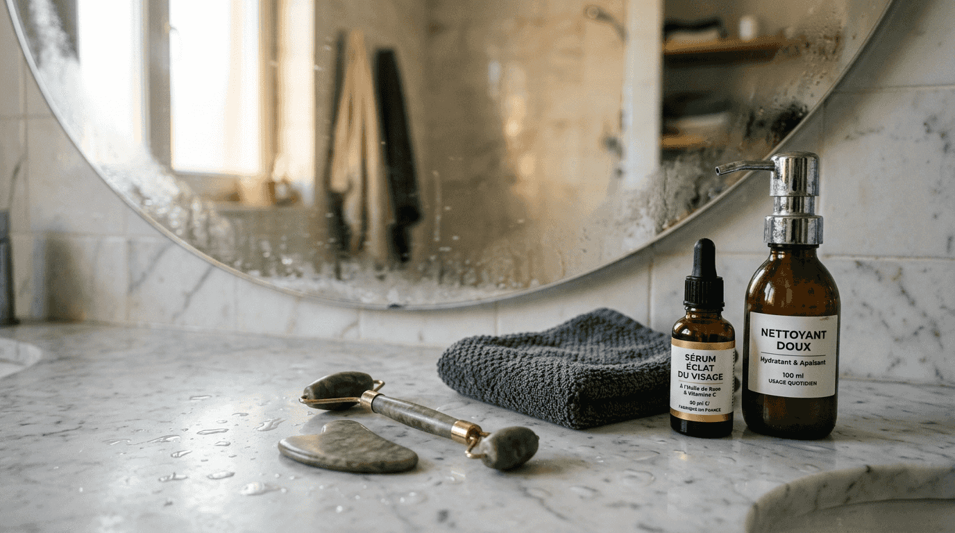 Des accessoires pour le massage du visage joliment disposés sur le plan de toilette de la salle de bain.
