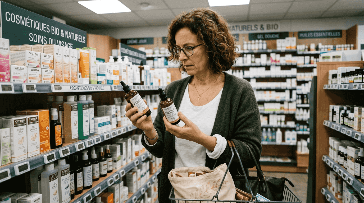 Une cliente en pleine hésitation entre deux soins de beauté, scrutant les étiquettes pour faire le meilleur choix.