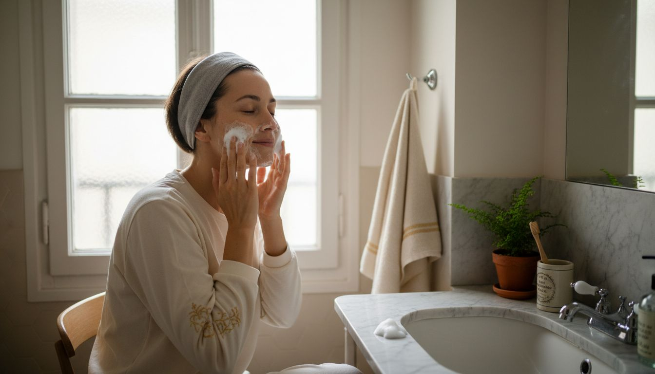 Un homme qui prend soin de son visage en se faisant un massage chez lui.