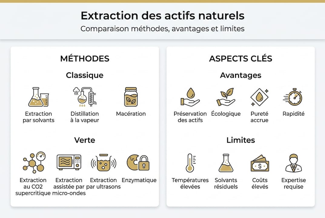 Découvrez notre infographie dédiée aux différentes techniques d’extraction utilisées en cosmétique.
